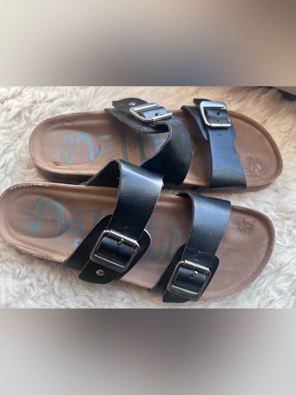 Mad Love Black Double-Buckle Slide Sandals